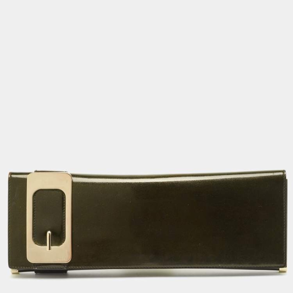 .Gucci Green Glitter Patent Leather Buckle Long Clutch